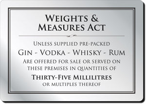 Metropolitan Barware Weights & Measures Act Bar Sign - Aluminium 14.8x21cm